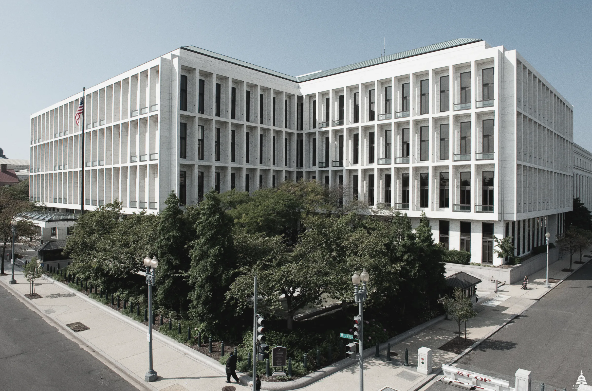 The Hart Senate Office Building in Washington, a white marble block with a grid of tall windows, seen from across the street. It houses the Senate Select Committee on Intelligence.